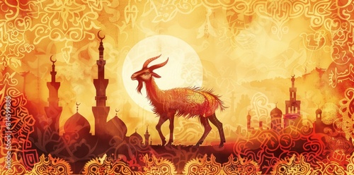 Vibrant Eid al Adha festivities with intricate goat illustration, scenic mosque backdrop, and captivating arabesque patterns. Customizable text area. photo