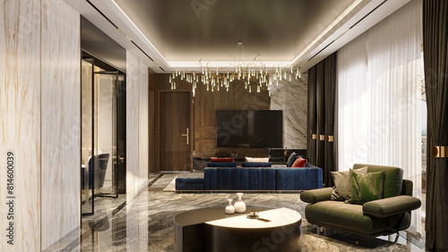 Modern living room interior design in a villa using luxury minimalist furnishings.