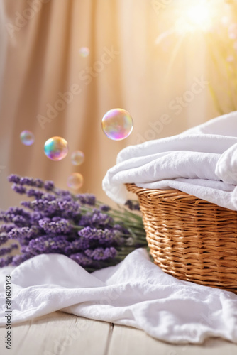 A basket with clean white laundry and soap bubbles on a blurred background with lavender flowers. House cleaning concept with spring chores cleaning textiles. Eco cleaning concept.