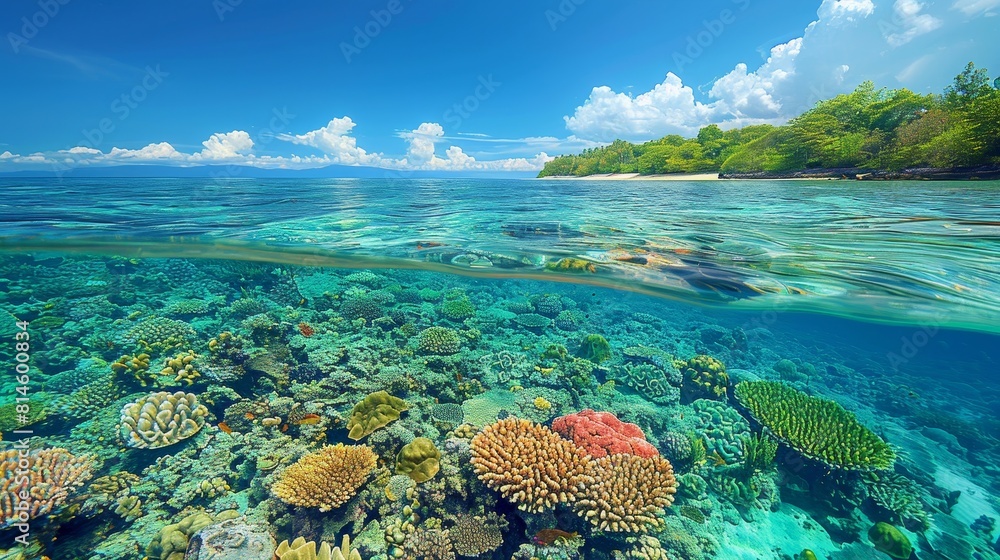 A stunning coastal scene with golden sands, azure waters, and a vibrant coral reef A stunning coastal scene with golden sands, azure waters, and a vibrant coral reef