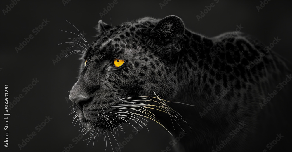 Obraz premium Striking close-up image of a black leopard with intense yellow eyes, showcasing the animal's detailed fur texture and powerful demeanor against a dark, subdued background