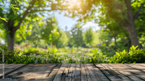 Empty Wooden Table Top with Blurred Green Garden and Blue Sky in Summer Morning