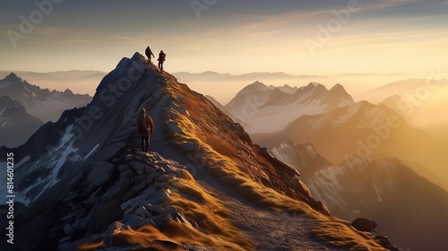 Hiking up mountain peak at sunrise success achieved generate ai