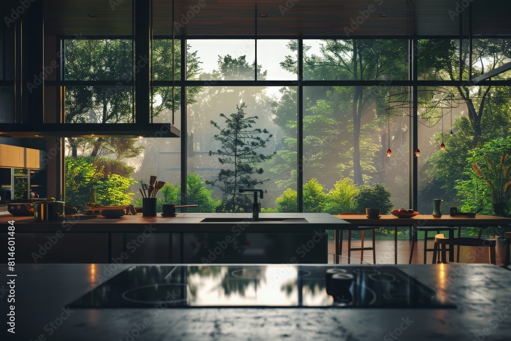Kitchen view of a chic modern design of a dark expensive interior of a luxurious country house with huge panoramic windows and a magnificent view of the divine forest Kitchen view of a chic modern design of a dark expensive interior of a luxurious country house with huge panoramic windows and a magnificent view of the divine forest