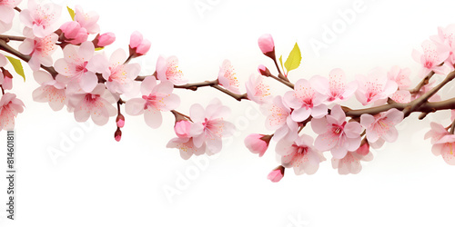 A branch of a cherry tree with pink flowers garden blooming landscape on white background 