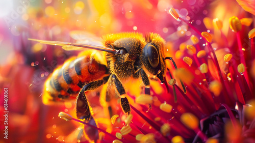 Honey bee collecting bee pollen from flower . © Piyaporn