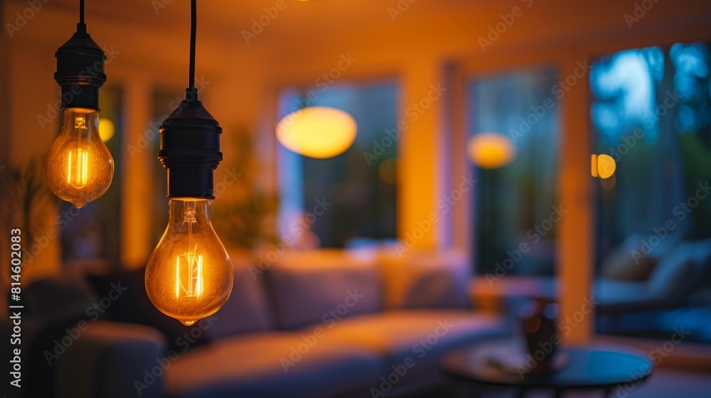 Smart light bulbs illuminating a room, controlled remotely via a smartphone app Smart light bulbs illuminating a room, controlled remotely via a smartphone app