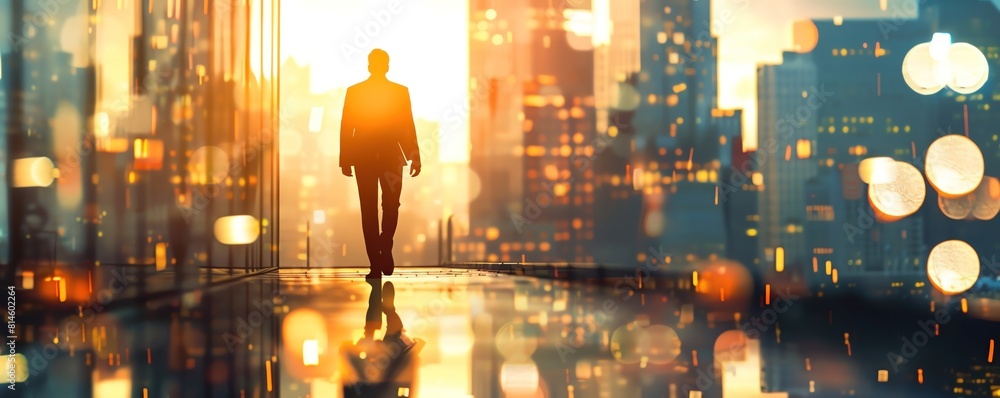 Urban skyline at dawn, close up, focus on skyscraper outlines, copy space, bright early light, double exposure silhouette with a businessman walking Urban skyline at dawn, close up, focus on skyscraper outlines, copy space, bright early light, double exposure silhouette with a businessman walking