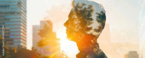 Early riser businessman, close up, focus on determination, copy space, crisp morning air, double exposure silhouette with a sunlit city park photo