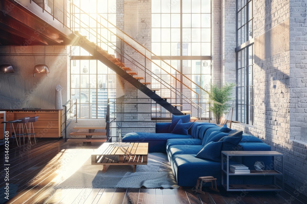 Loft living: basking in sunlight beams with staircase and blue sofa in the living room, cozy design interior Loft living: basking in sunlight beams with staircase and blue sofa in the living room, cozy design interior