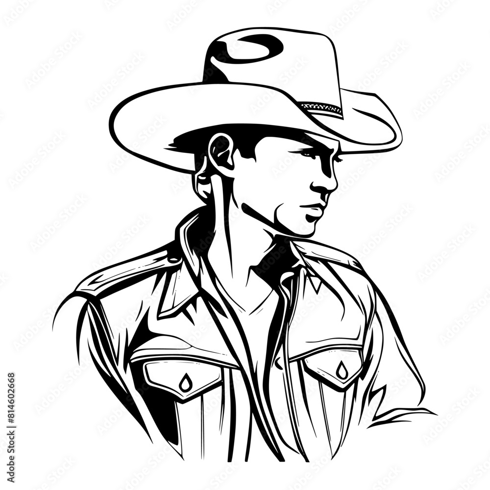 Vector drawing of a cowboy wearing a hat on a white background Stock ...