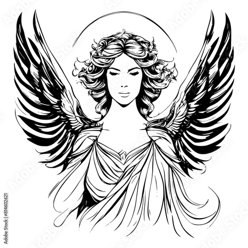 Black and white vector illustration of an angel with wings