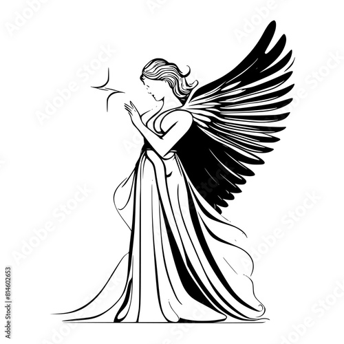 Black and white vector illustration of an angel with wings