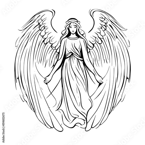 Black and white vector illustration of an angel with wings