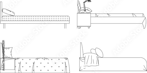 vector illustration sketch design drawing of a bed with a classic vintage ethnic design, European bedroom interior, side view 