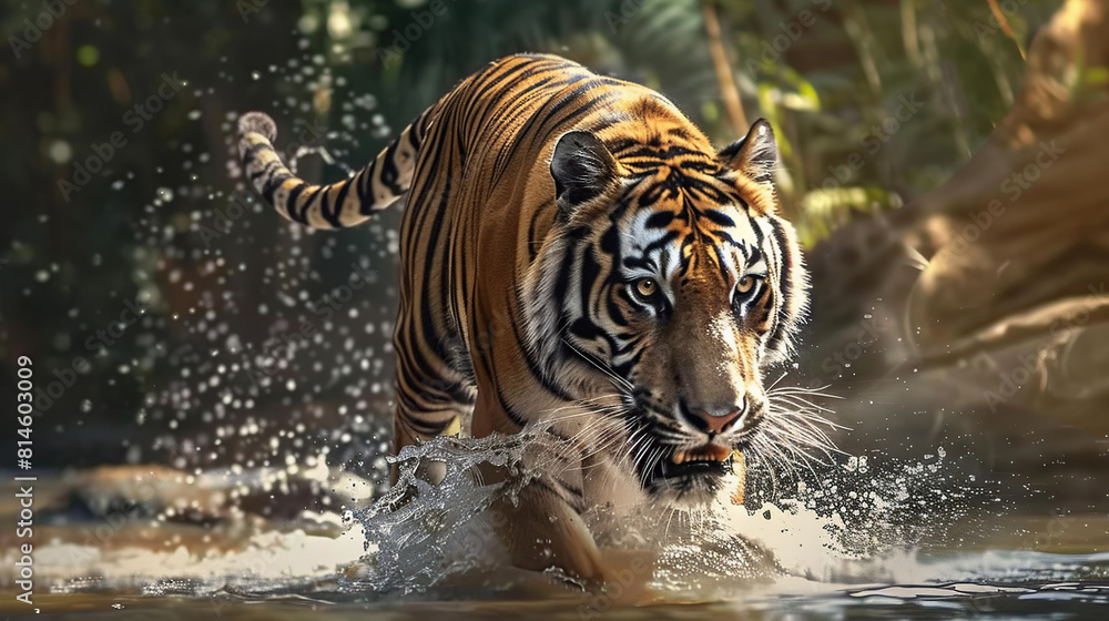 Tiger walking through a river. Generative AI Tiger walking through a river. Generative AI