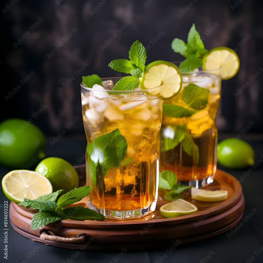 Refreshing drink, iced tea with lime wedges in glasses on a wooden board on a green concrete background. Summer drinks Refreshing drink, iced tea with lime wedges in glasses on a wooden board on a green concrete background. Summer drinks