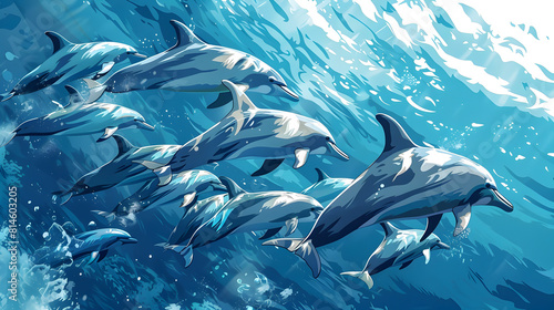 Dramatic Underwater Scene of a Graceful School of Dolphins Swimming in Crystal Clear Blue Waters