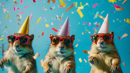 Group of chipmunks with party hat and sunglasses
