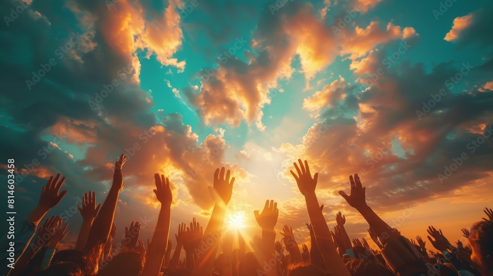 A group of people are holding hands and reaching up towards the sun A group of people are holding hands and reaching up towards the sun