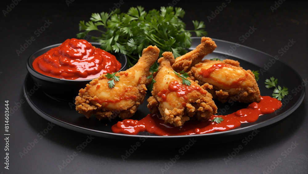 three pieces of fried chicken on a black plate with a small bowl of red sauce and a garnish of parsley.