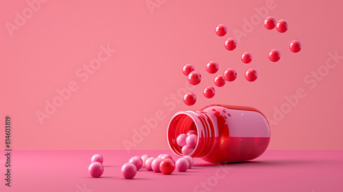 A bottle of pills is on a pink background. The pills are scattered around the bottle.view of mentos chewing gum in the air with chewing gum spilling out of the bottle and some mentos in the air photo