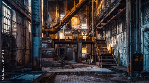 A large industrial building with a lot of pipes and a staircase
