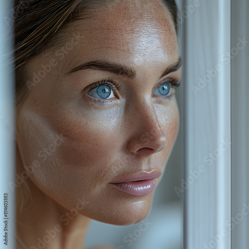 A person looking at themselves in the mirror, noticing the signs of aging on their face isolated on white background, cinematic, png
