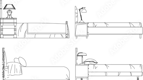 vector illustration sketch design drawing of a bed with a classic vintage ethnic design, European bedroom interior, side view