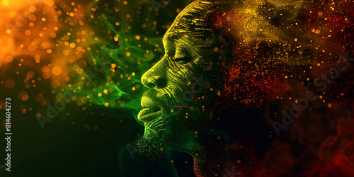 Wallpaper with a black man for Black History Month of green yellow and red sparking on black background and wallpaper , banner for Black History Month concept A Tribute to Black Culture  
 photo