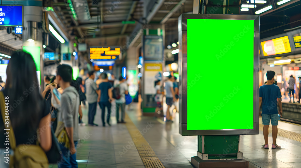 Fototapeta premium Vertical Green Billboard Attracts Crowds at Thailand Train Station on Sunny Summer Day