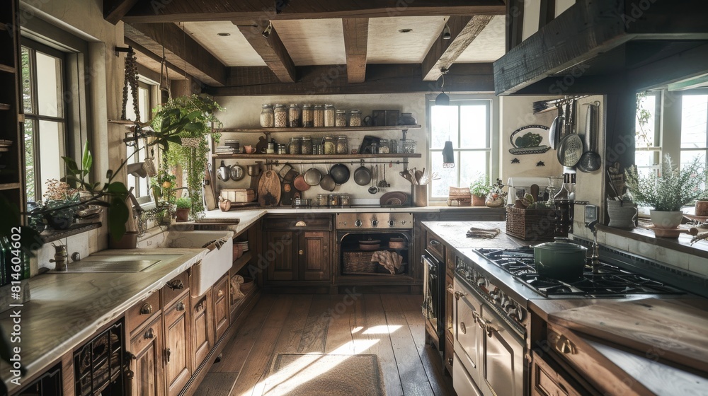 A large, wood-paneled kitchen with a wooden island and a large oven