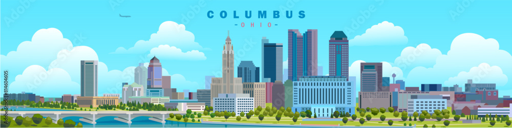 Columbus city skyline Ohio daylight cloudy panoramic horizontal banner design