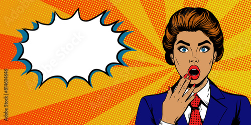 Wow female face in pop art retro comic style. Sexy surprised woman with open mouth and speech bubble with copy space for text. Vector colorful background for special offer, sale announce, discount.