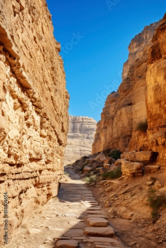 A dirt road winding between rocky cliffs in a desert landscape.