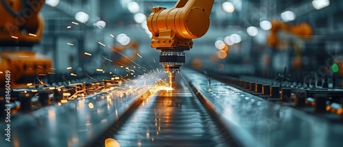 Closeup view of a robotic arm using advanced laser technology to cut materials, with sparks flying in a dimly lit, automated smart factory photo