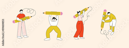 Education concept. Various people with a large Pencil. Young person holding pencil. Education concept. Cartoon style. Hand drawn Vector illustration. Drawing, writing, creating, design, blogging conce