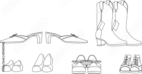 vector illustration sketch design drawing of a collection of shoes in a shop window