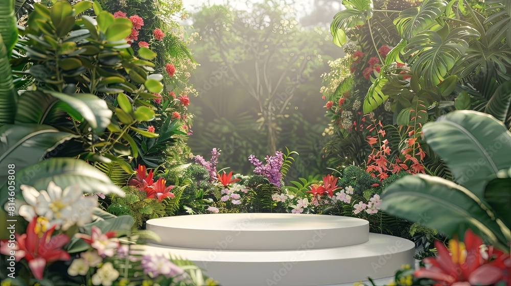 Fototapeta premium 3d podium stage in the flowers forest background