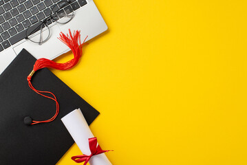 A vibrant setup featuring a graduation cap with a red tassel, diploma, glasses, and a laptop on a yellow background symbolizing online education and graduation achievements