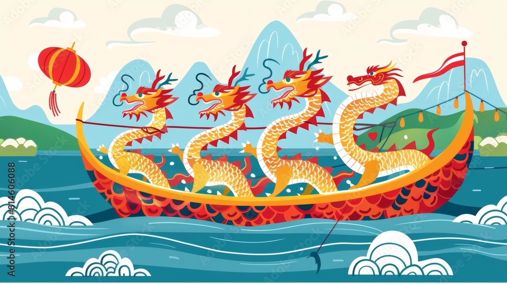Fototapeta premium A vibrant, stylized illustration of a colorful dragon boat sailing on the sea against a beautiful sunset. Asian festival