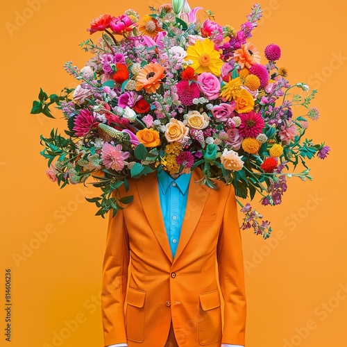 a man, wearing a brightcolored suite, a massive bouquet of botacials infront of his head, one solid color background photo