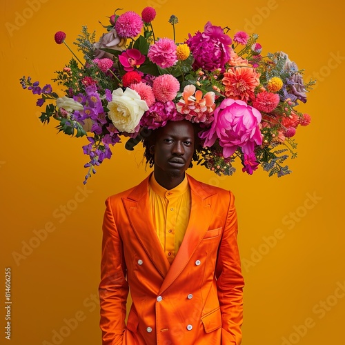 a man, wearing a brightcolored suite, a massive bouquet of botacials infront of his head, one solid color background photo