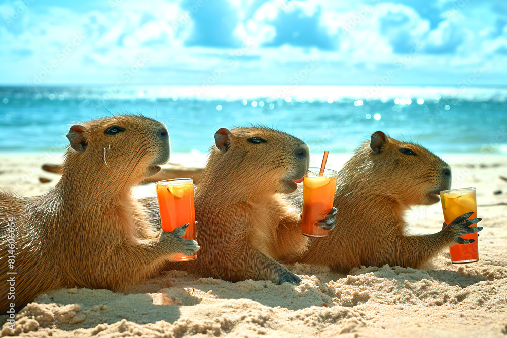 Three capybaras relaxing on the beach with glasses of orange juice Three capybaras relaxing on the beach with glasses of orange juice