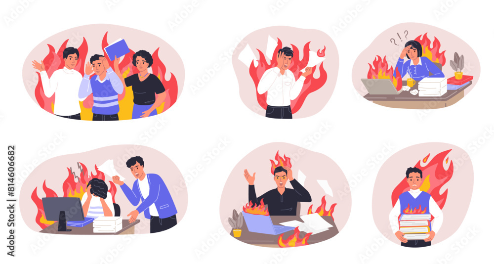 Fototapeta premium Professional burnout. Manager shouting at employees, female and male characters sitting at desk with stacks of documents
