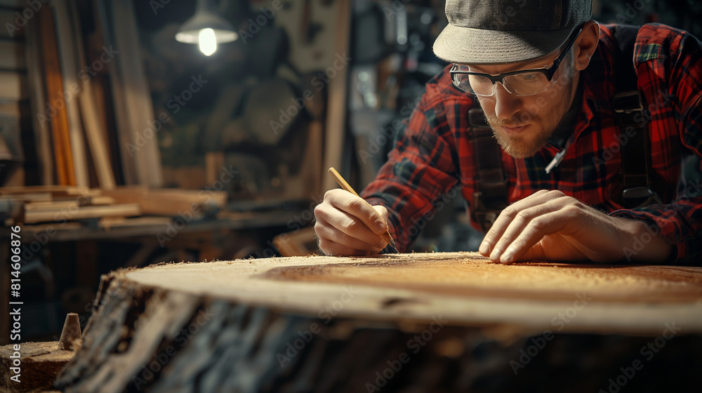 A male craftsman draws on a cut tree with a pencil A male craftsman draws on a cut tree with a pencil