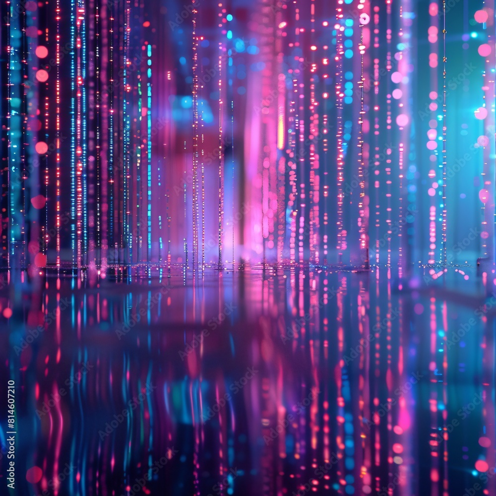 Binary rain. Pink and blue glowing particles falling like rain. Matrix background.
