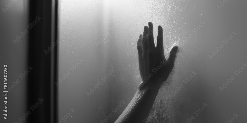 the fogged glass of a shower stall, with the back of it showing the touch of a girl's hand