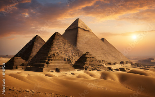 Ancient pyramids of Giza at sunrise  historic marvels  warm light  Cairo s outskirts