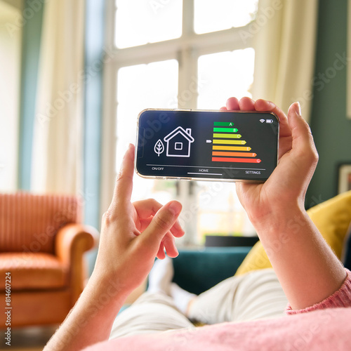 Close Up Of Woman Looking At Screen Of Energy Efficiency Meter On Mobile Phone Lying On Sofa At Home photo